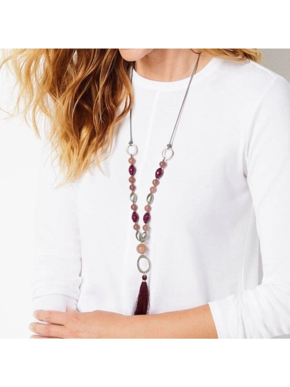 J Jill Boho Beaded Necklace Strawberry Quartz  Burgundy Tassel Adjustable Cord